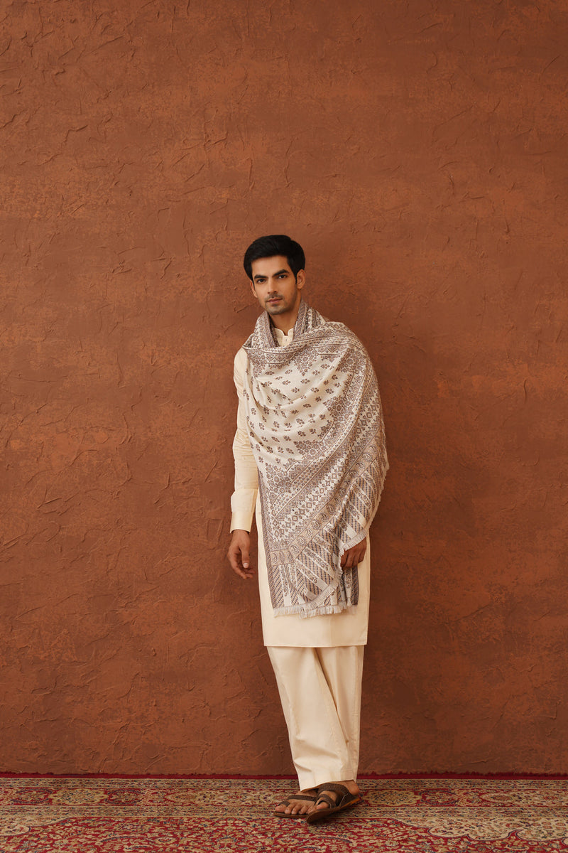 Ethnic Motif Cream Shawl for Men