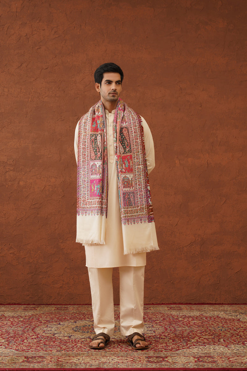 Ethnic Ivory Fusion Woven Shawl for Men- Inchingindia