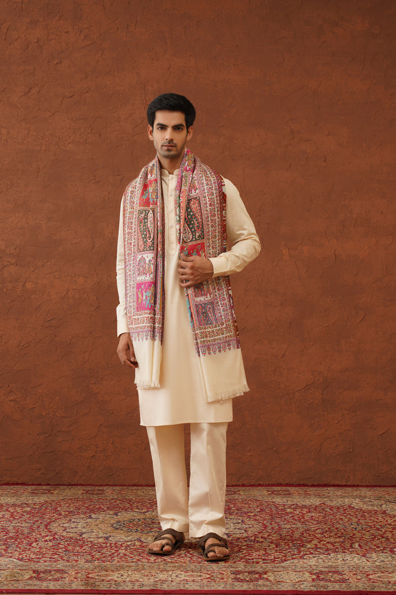 Ethnic Ivory Fusion Woven Shawl for Men- Inchingindia