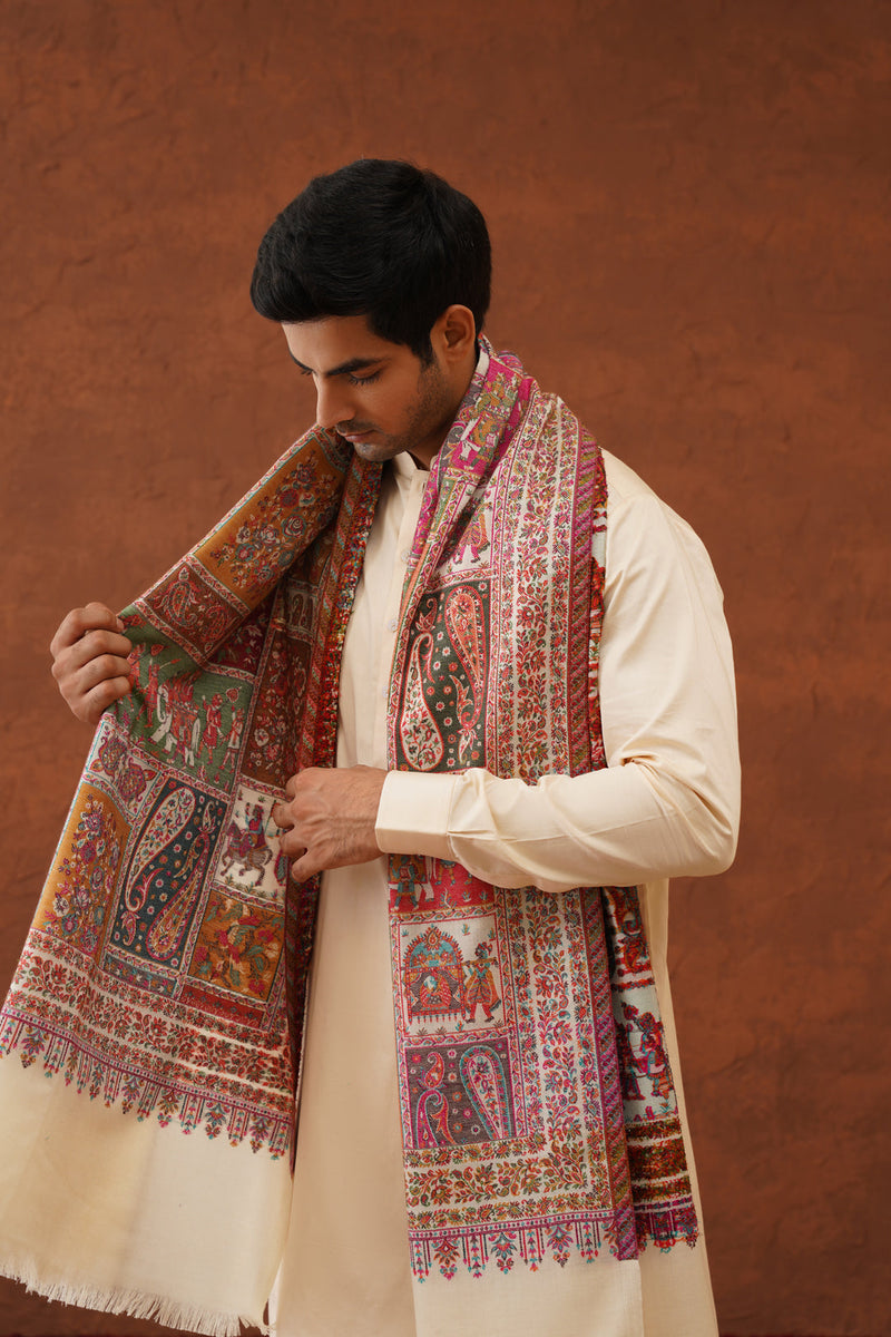 Ethnic Ivory Fusion Woven Shawl for Men- Inchingindia