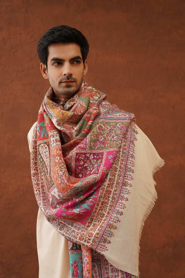 Ethnic Ivory Fusion Woven Shawl for Men- Inchingindia