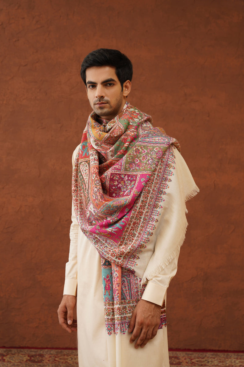 Ethnic Ivory Fusion Woven Shawl for Men- Inchingindia