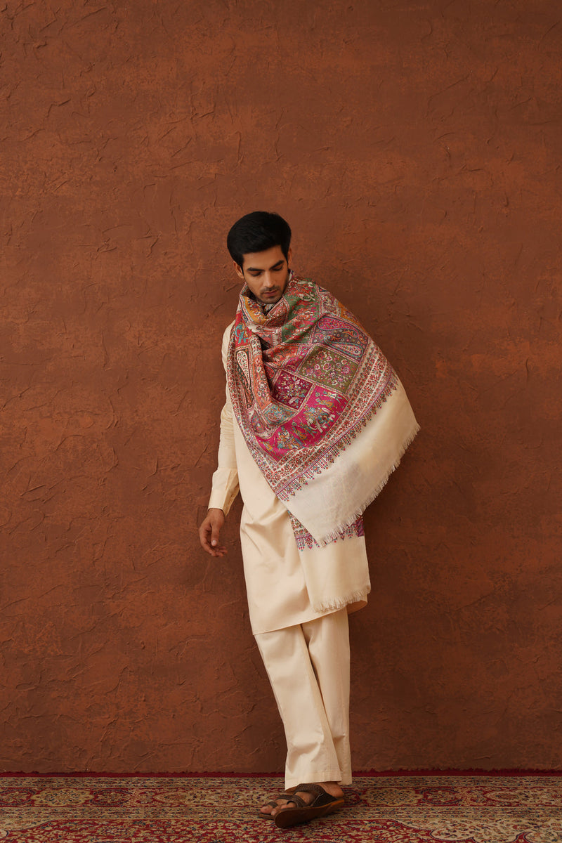 Ethnic Ivory Fusion Woven Shawl for Men- Inchingindia