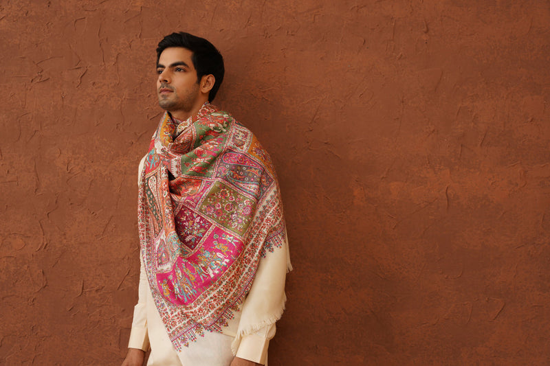 Ethnic Ivory Fusion Woven Shawl for Men- Inchingindia