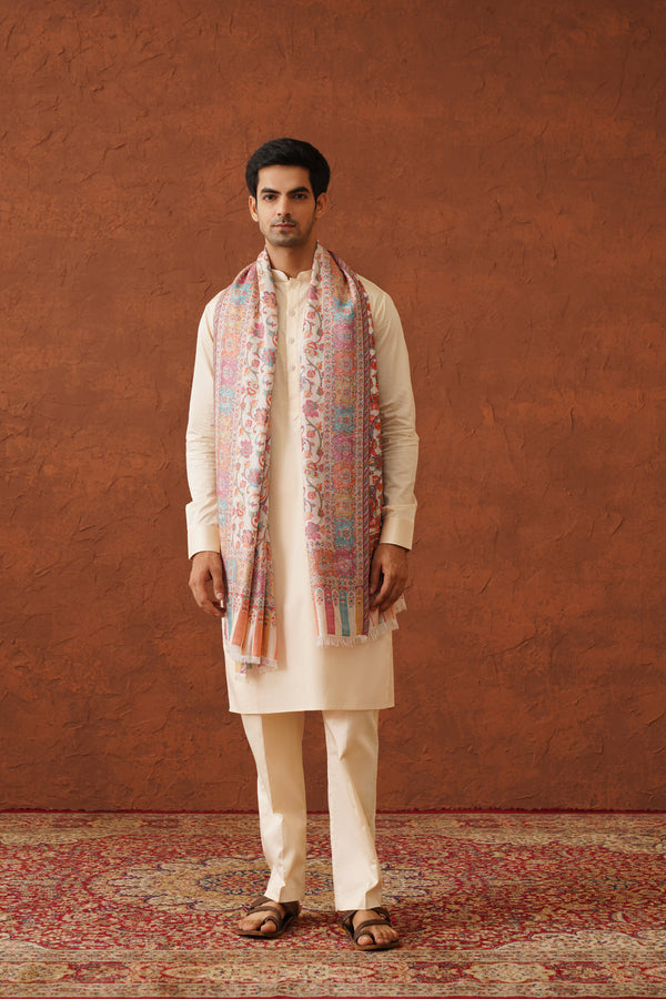 Cream Classic Floral Jaal Shawl for Men