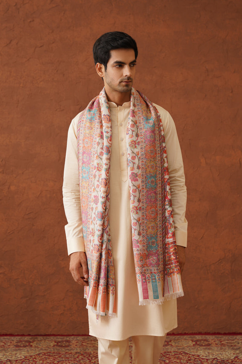 Cream Classic Floral Jaal Shawl for Men