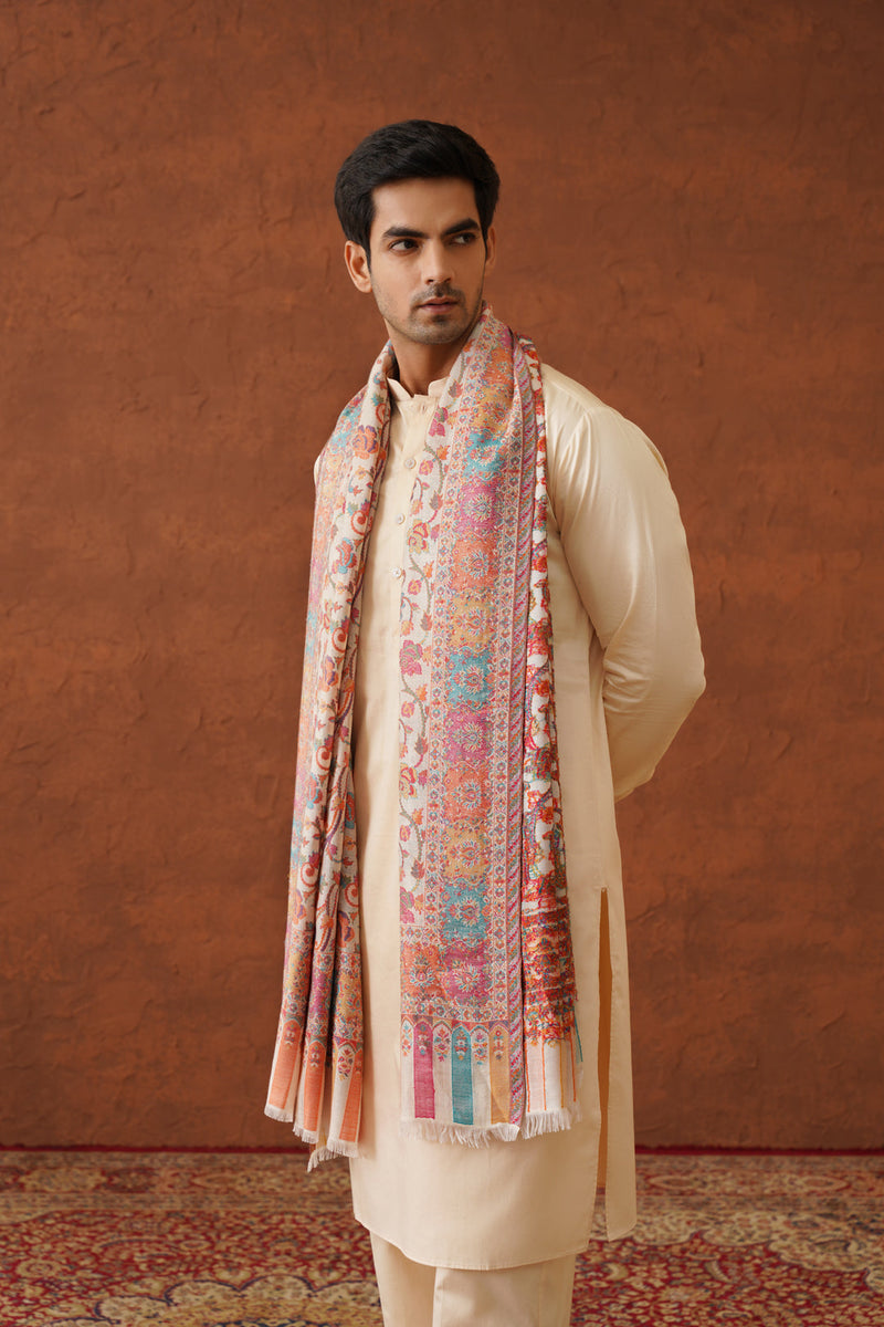 Cream Classic Floral Jaal Shawl for Men