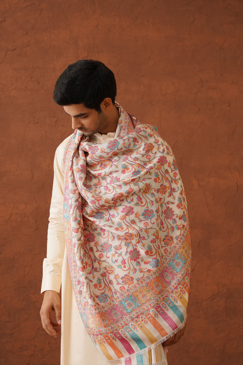 Cream Classic Floral Jaal Shawl for Men