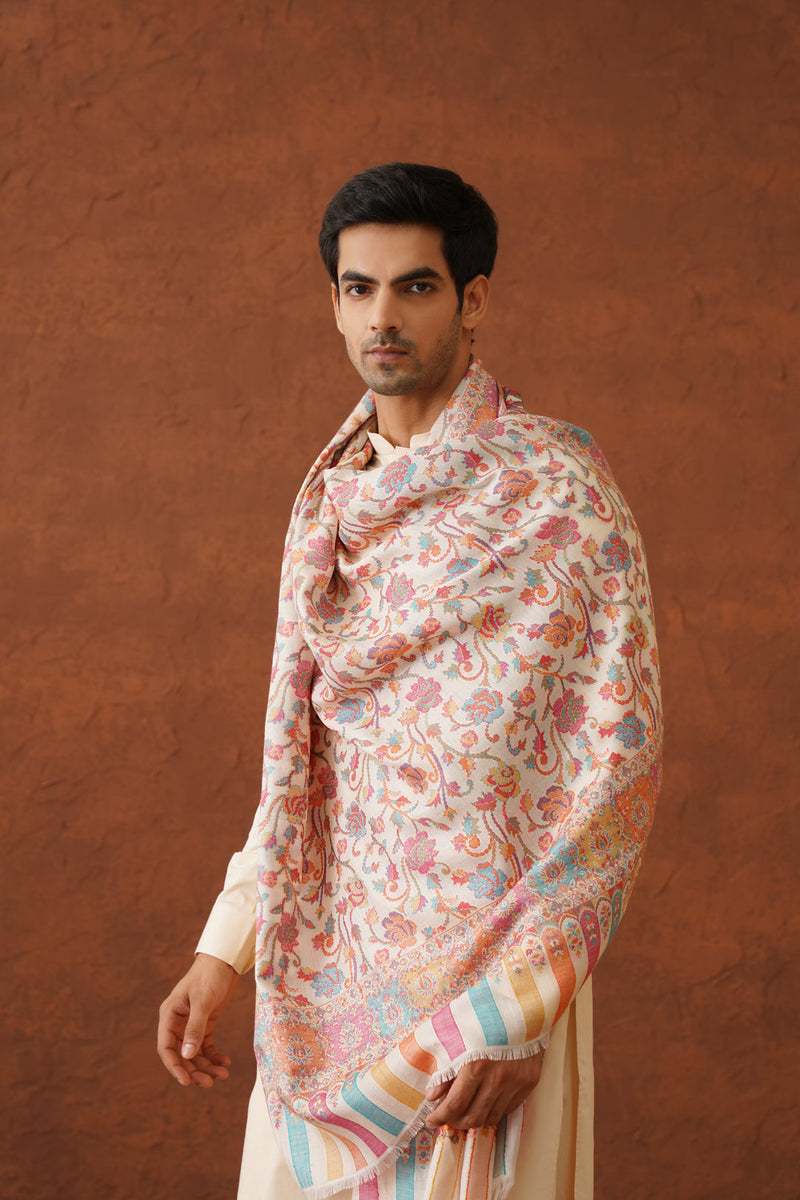 Cream Classic Floral Jaal Shawl for Men