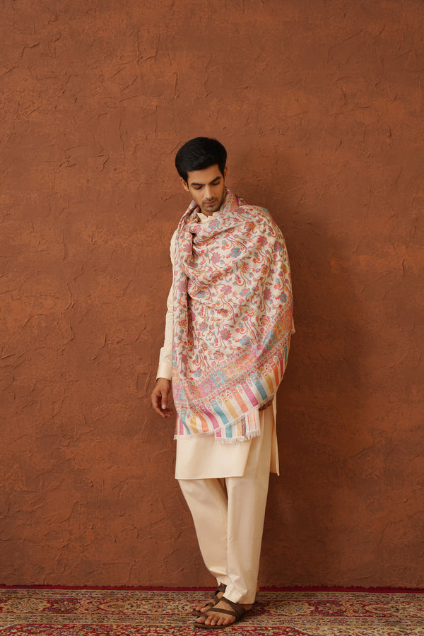 Cream Classic Floral Jaal Shawl for Men