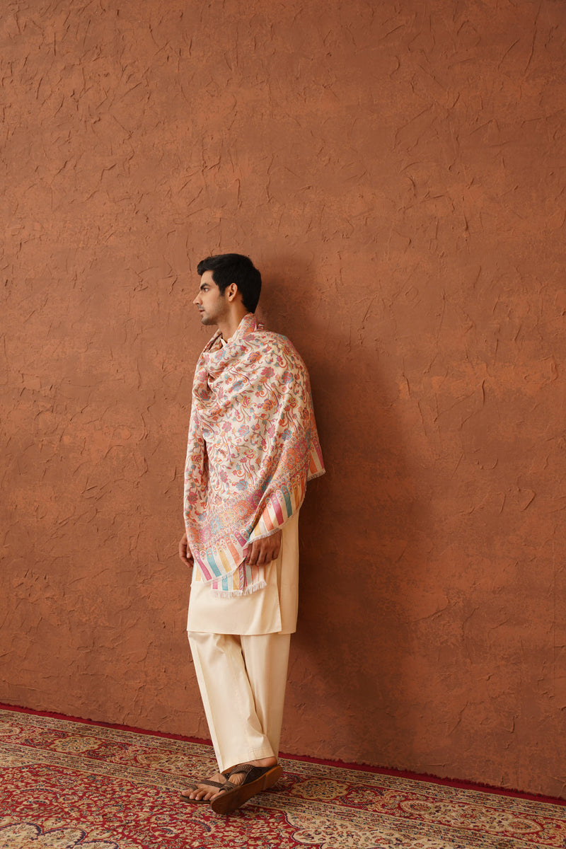 Cream Classic Floral Jaal Shawl for Men