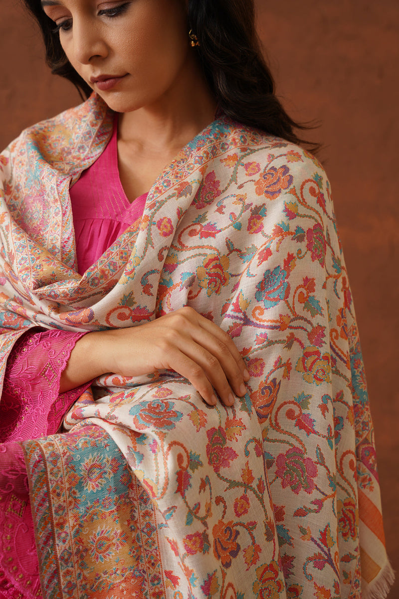 Cream Classic Floral Jaal Winter Shawl for ladies