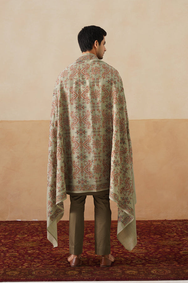Mélange Mint Green Embroidered Shawl For Men