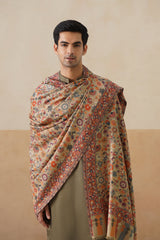 Man draped in beige Kani pashmina shawl, luxury wedding gift