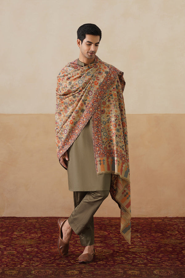 beige kani pattern shawl with multicolor floral jaal and border