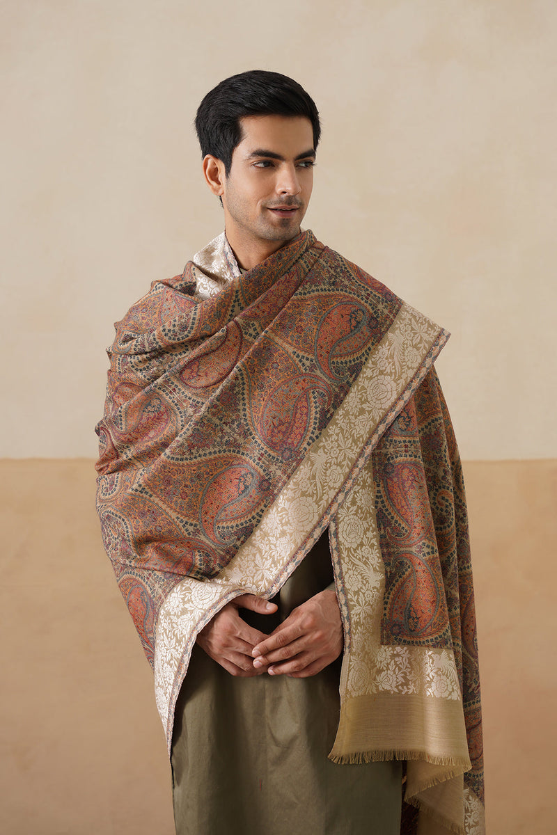 Darbar Parsi Border Pashmina Shawl (Beige)
