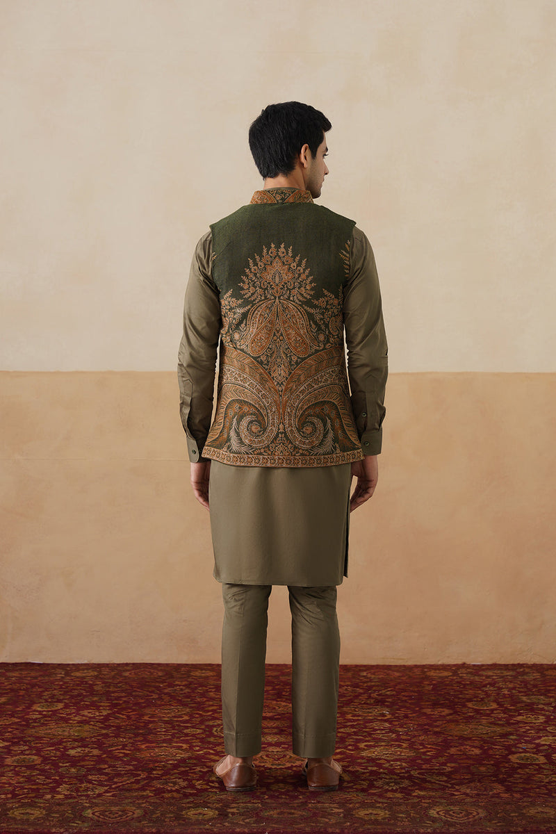 Olive Paisley Jacket with Kurta & Pant