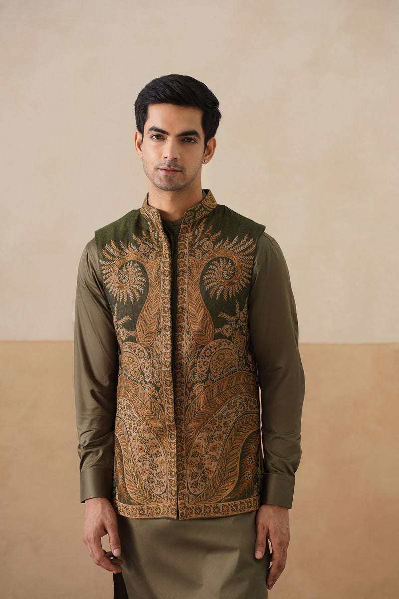 Olive Paisley Jacket with Kurta & Pant