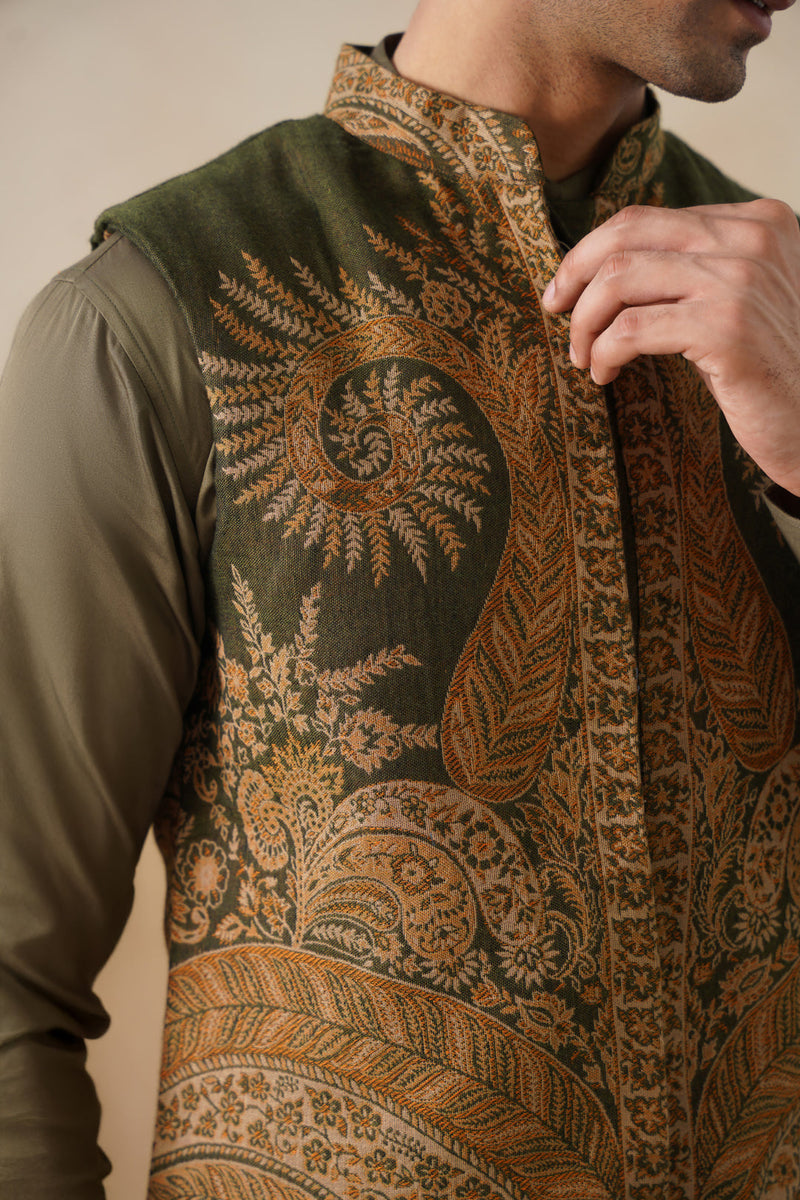 Olive Paisley Jacket with Kurta & Pant