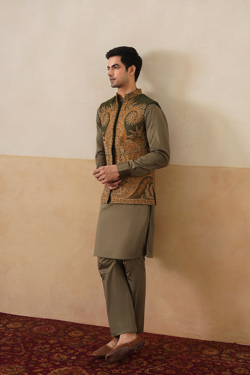 Olive Paisley Jacket with Kurta & Pant