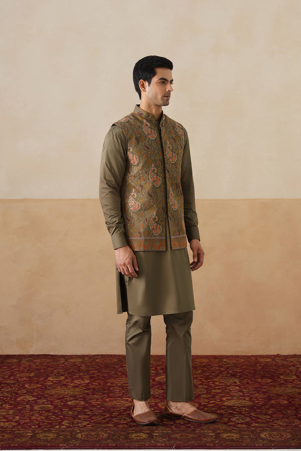 Olive Embroidered Paisley Jacket with Kurta & Pant