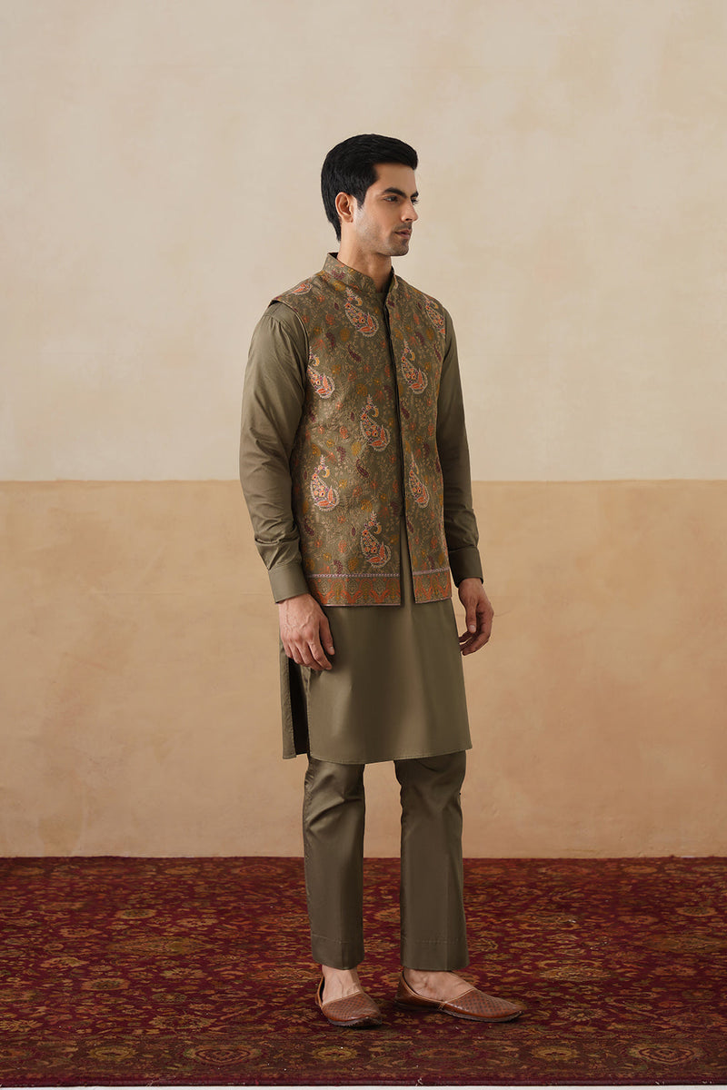 Olive Embroidered Paisley Jacket with Kurta & Pant