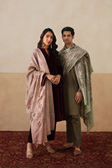Green embroidered shawl detail, wedding gift for couples