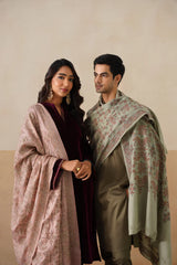 Couple wearing green and pink embroidered shawls, anniversary gift for couples