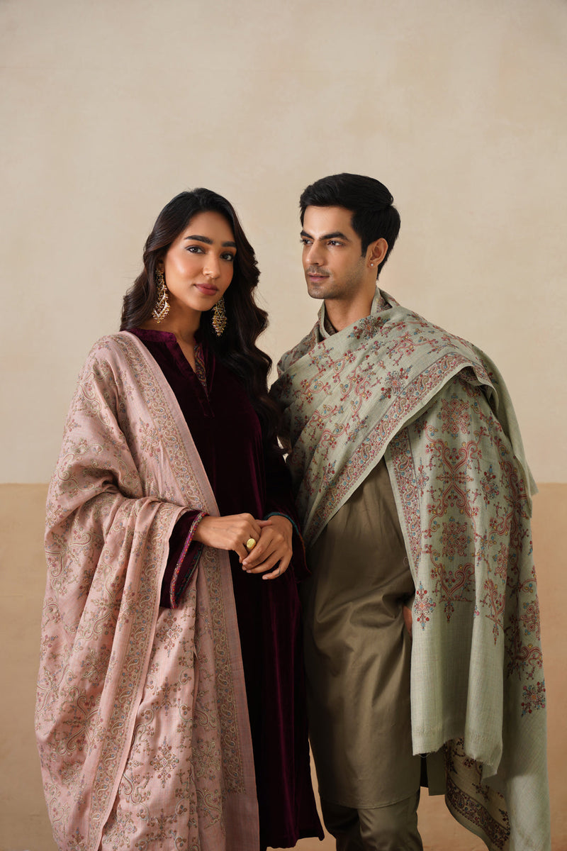 Mélange Pastel Pink Paisley-Jaal Embroidered Shawl