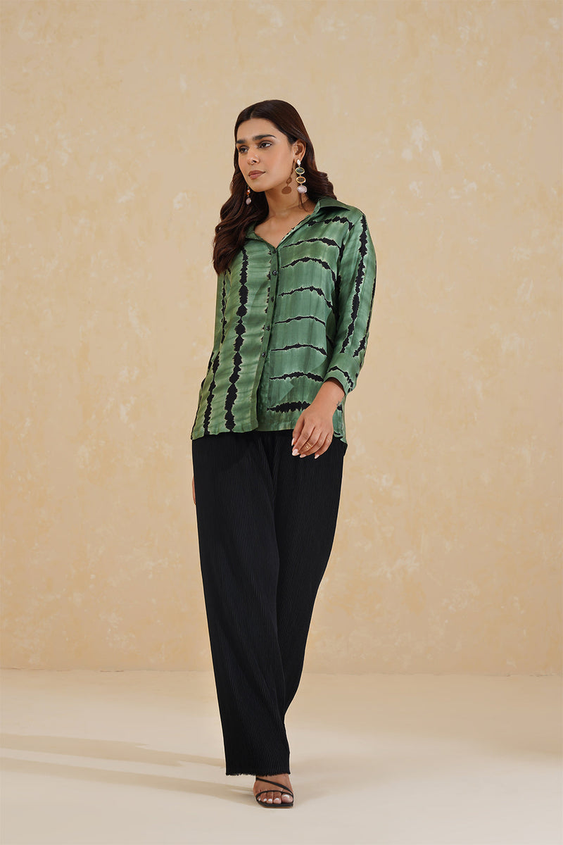 Green Black Tie Dye Top with Black Pleated Pants