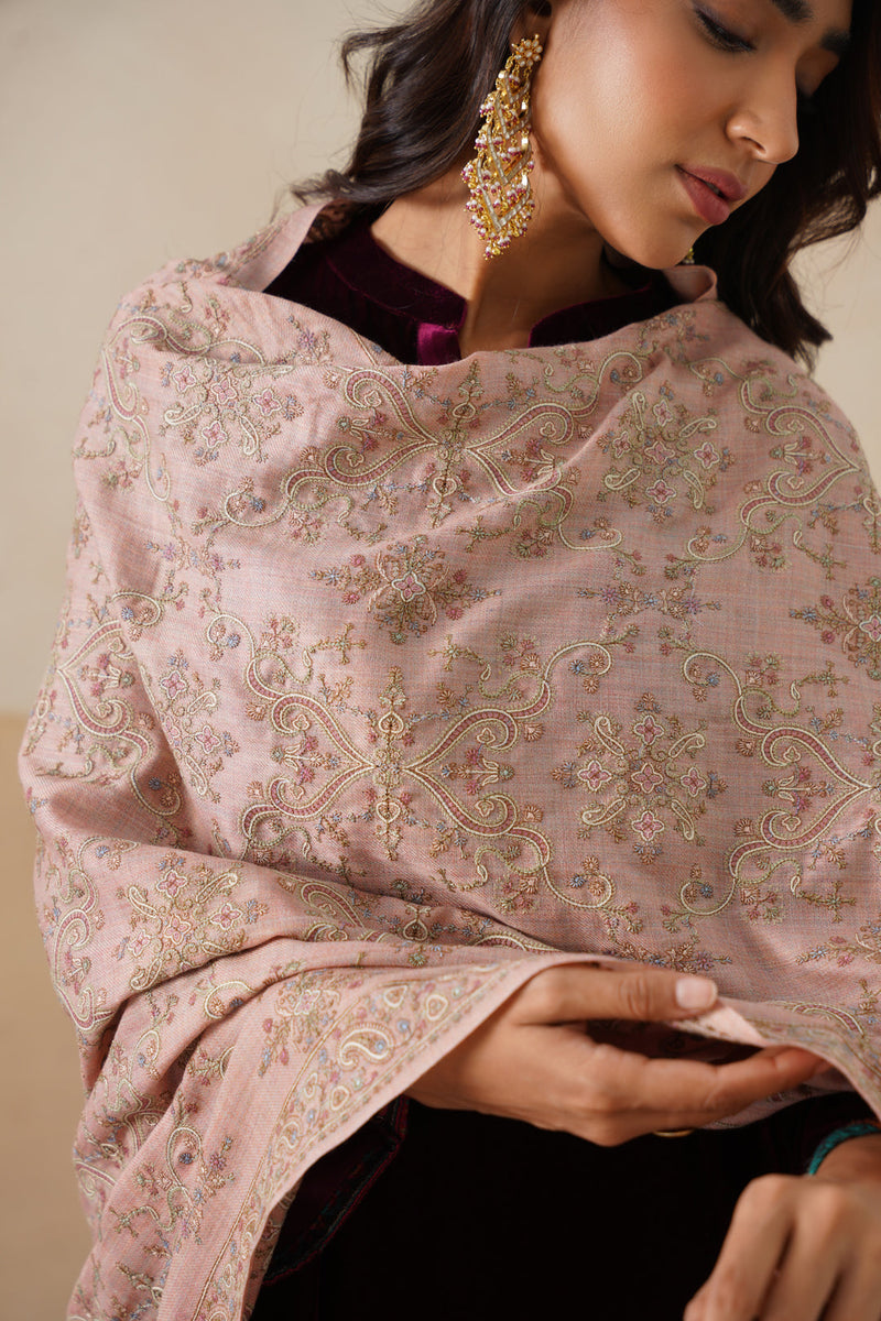 Mélange Pastel Pink Paisley-Jaal Embroidered Shawl