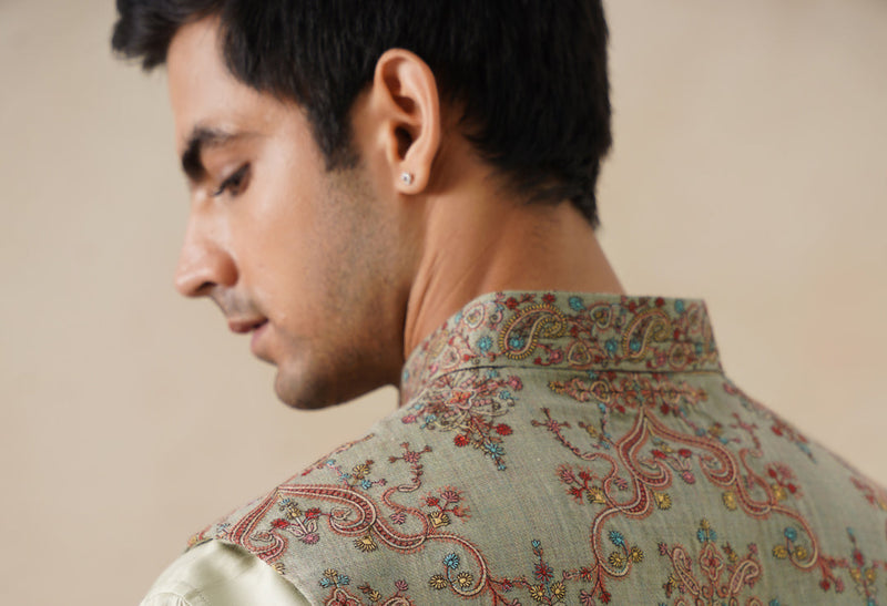 Mint Green Embroidered Jacket with Kurta & Pant