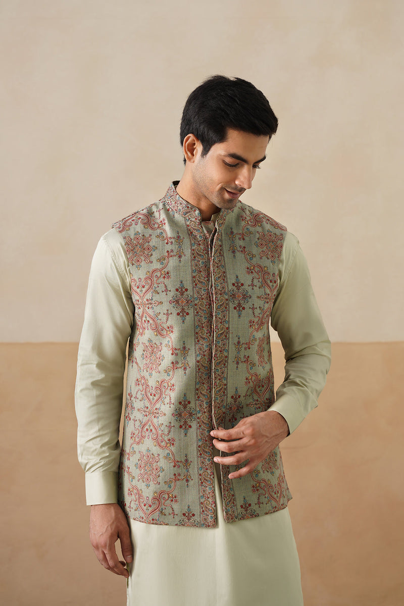 Mint Green Embroidered Jacket with Kurta & Pant