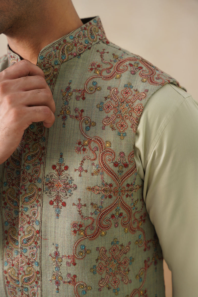 Mint Green Embroidered Jacket with Kurta & Pant
