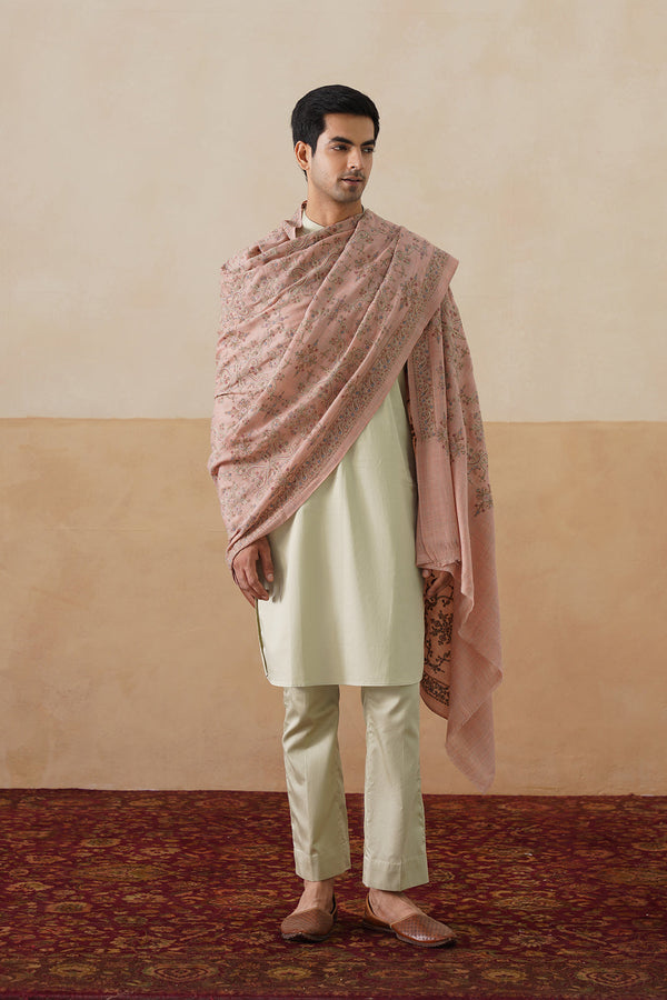 melange pastel pink jamawar shawl with paisley-vine jaal pattern