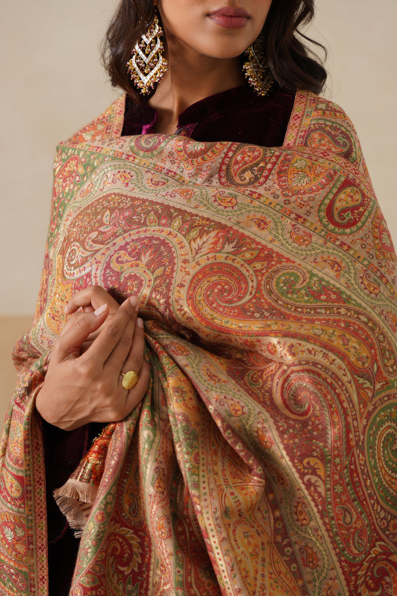 Mehrab Jamawar Paisley Shawl For Women (Beige)