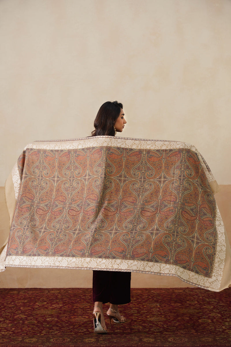 Darbar Parsi Border Pashmina Shawl  For Women (Beige)