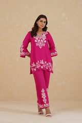 Hot Pink Contrast Embroidered Set