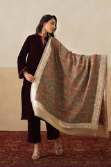 Model draped in Parsi border pashmina shawl, luxury wedding gift
