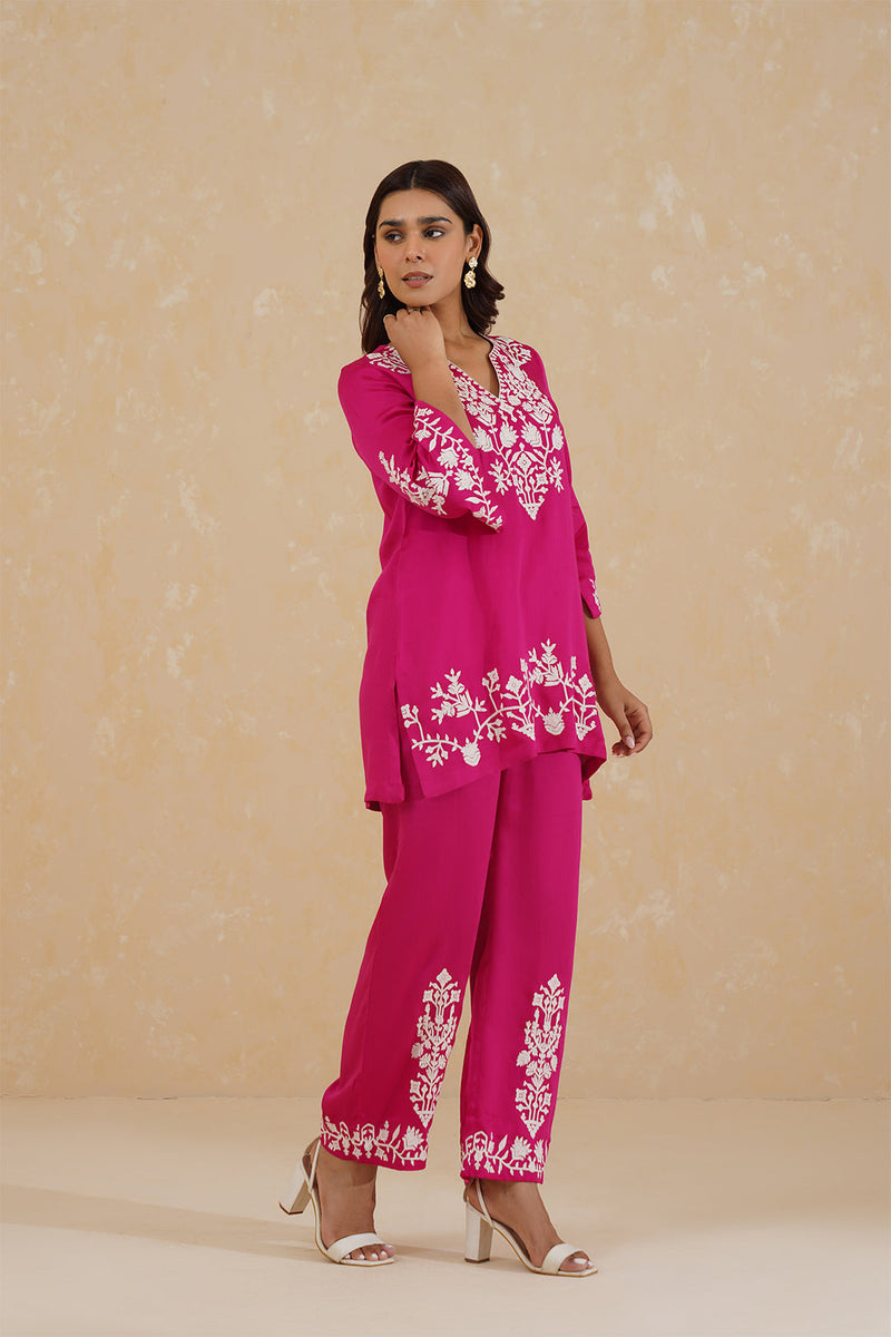 Hot Pink Contrast Embroidered Set