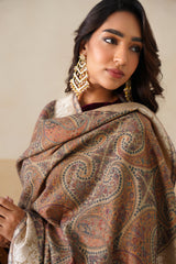 Beige pashmina shawl folded to show fine Parsi border detail