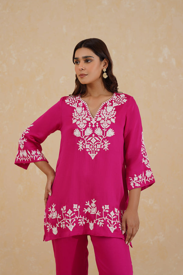 Hot Pink Contrast Embroidered Set