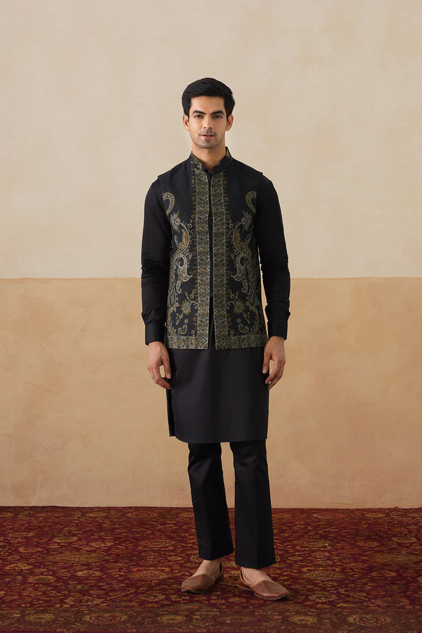 Meher Black-Olive Jacquard Jacket with Kurta & Pant