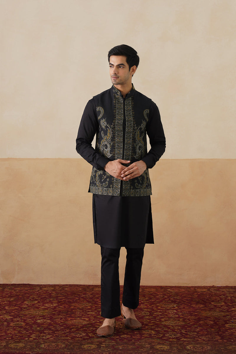 Meher Black-Olive Jacquard Jacket with Kurta & Pant