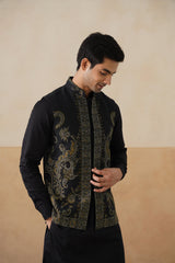 Meher Black-Olive Jacquard Jacket with Kurta & Pant