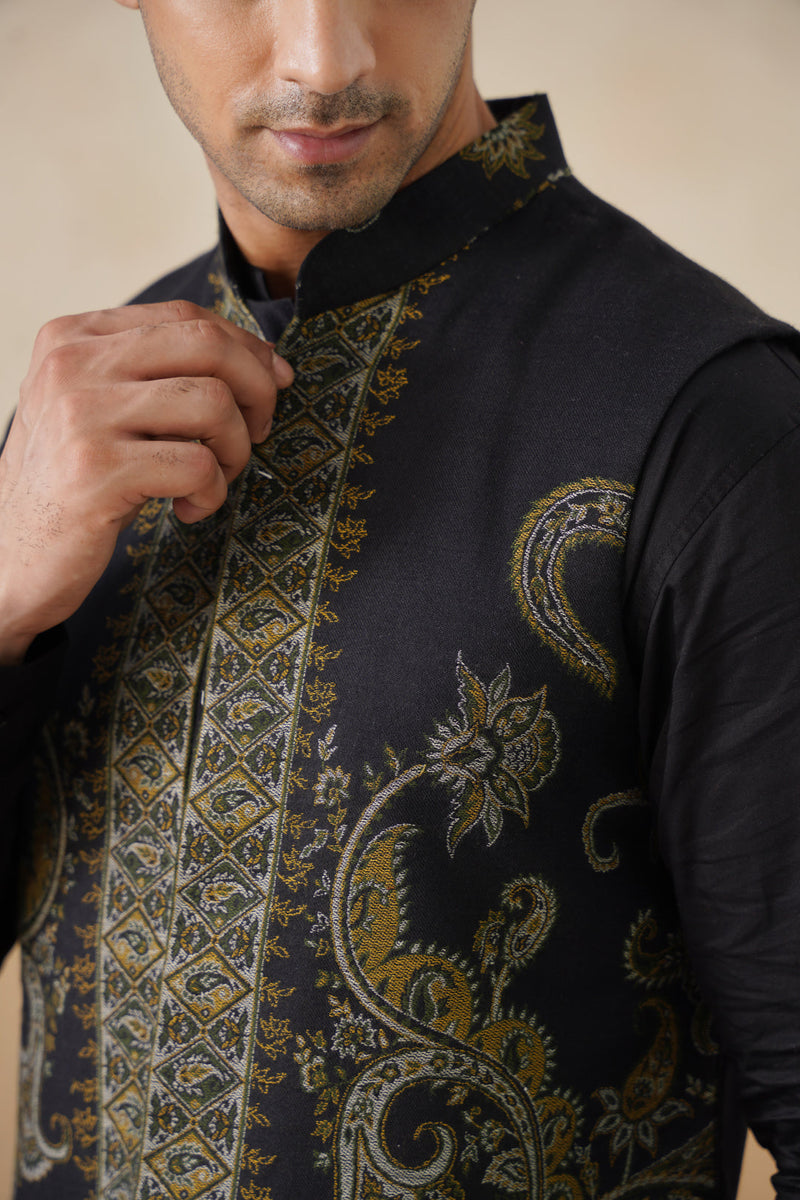 Meher Black-Olive Jacquard Jacket with Kurta & Pant