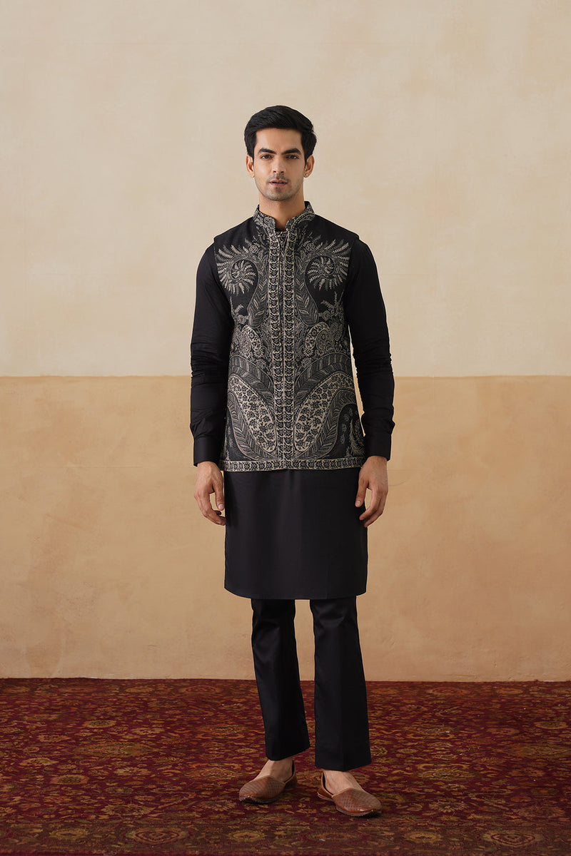 Meher Black Paisley Jacquard Jacket with Kurta & Pant