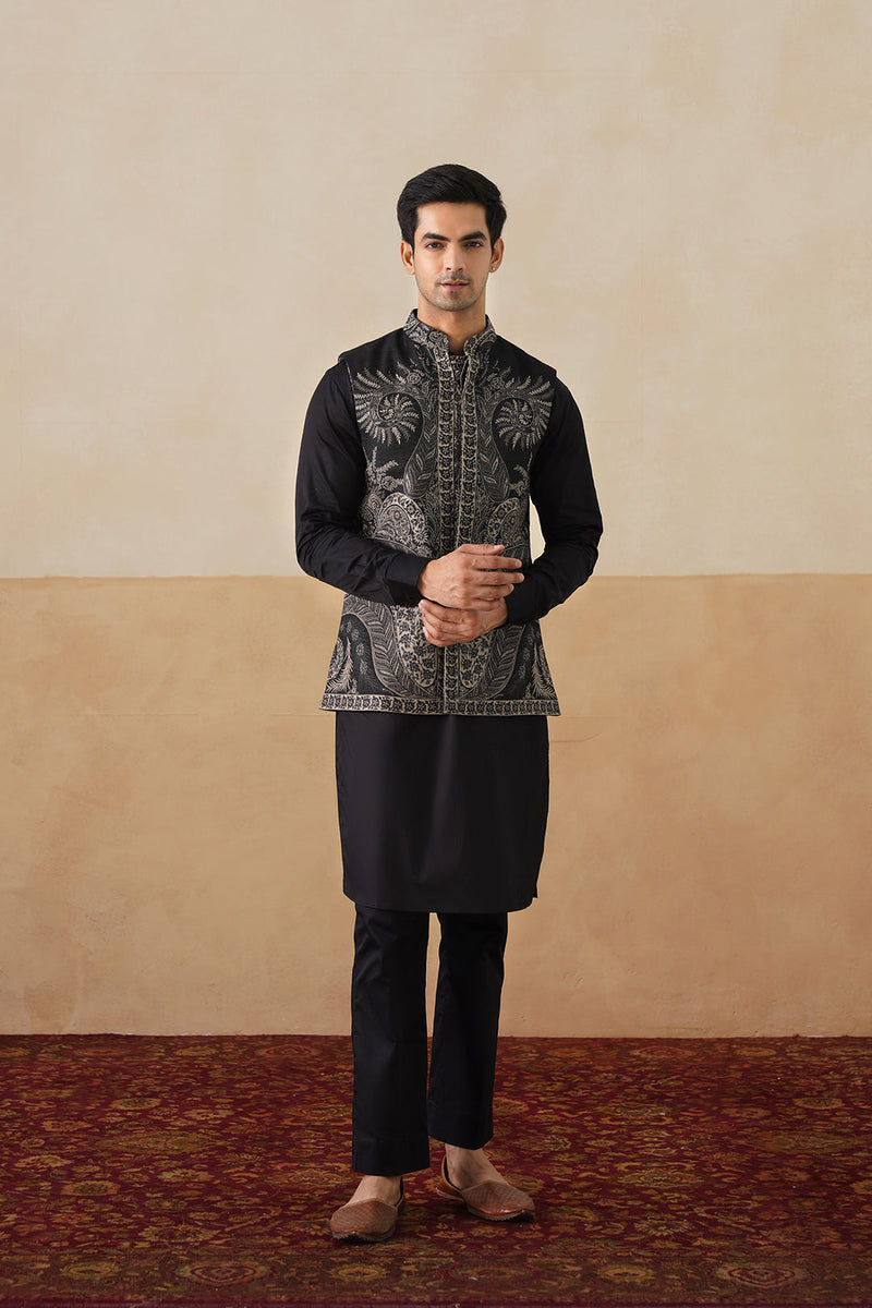 Meher Black Paisley Jacquard Jacket with Kurta & Pant