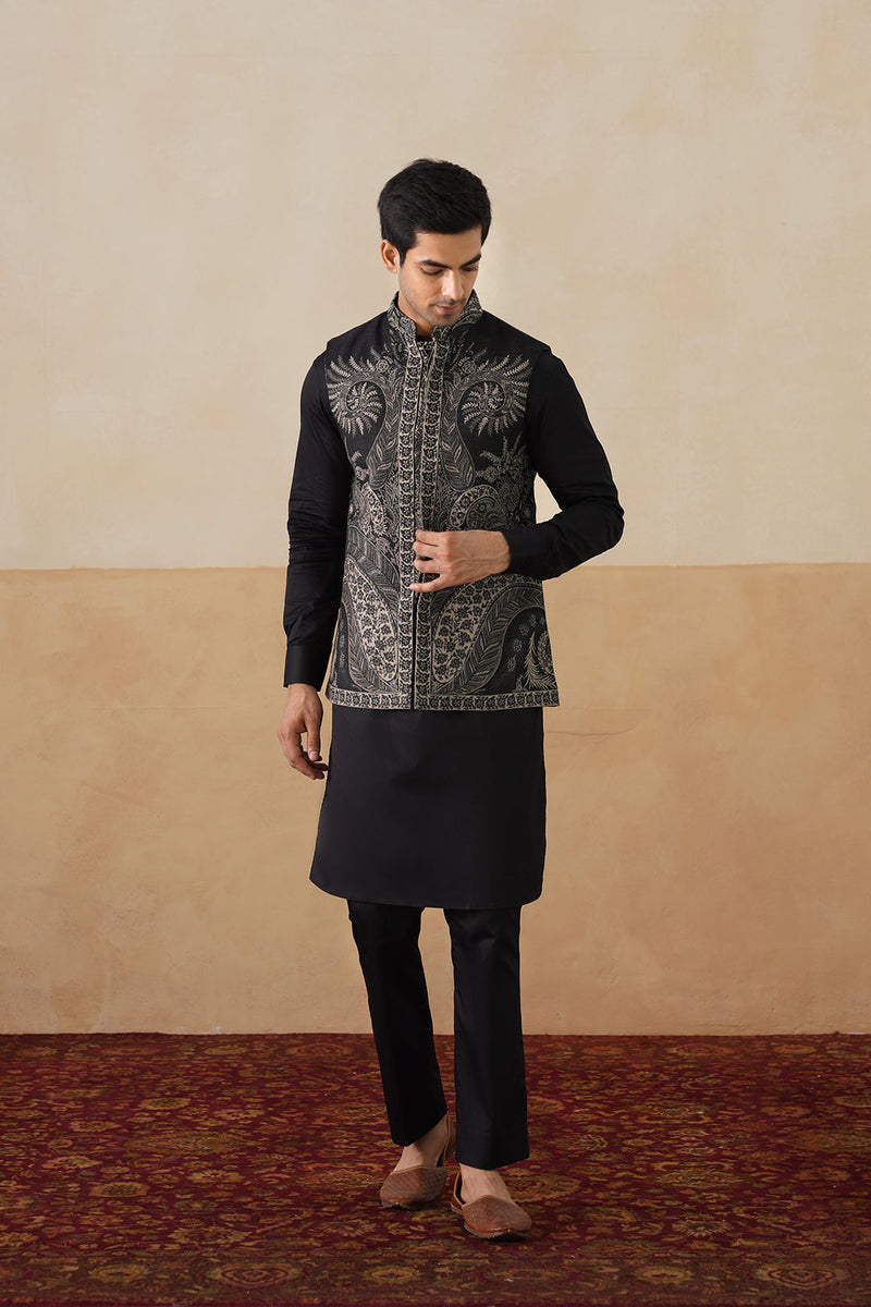 Meher Black Paisley Jacquard Jacket with Kurta & Pant