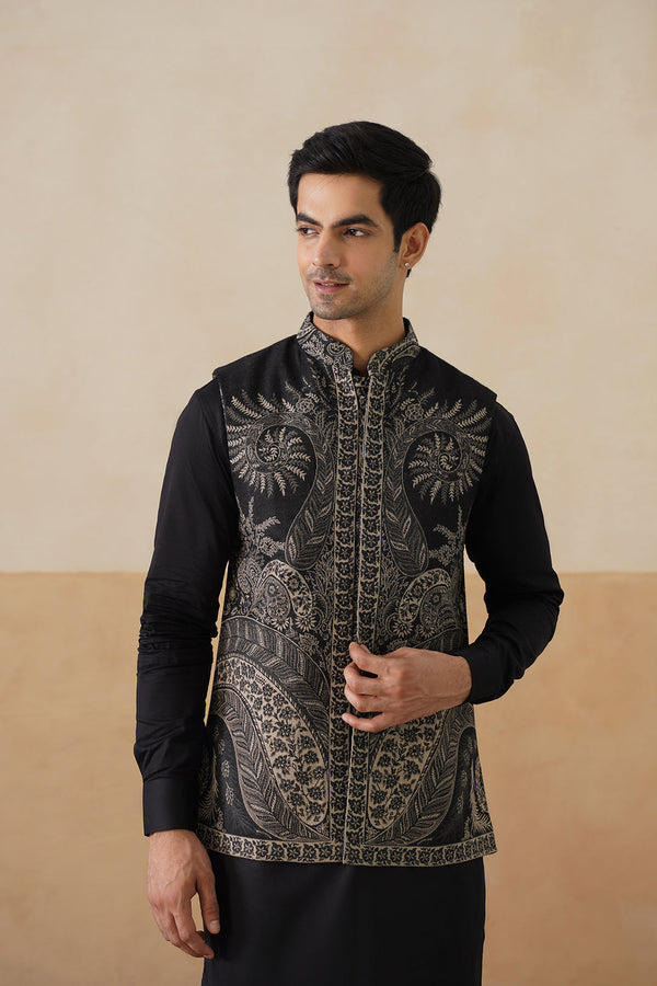 Meher Black Paisley Jacquard Jacket with Kurta & Pant